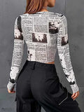 woloong Letter Print Skinny Long Sleeves Round-Neck T-Shirts Tops