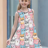 Charming Cat Print Girls' Sleeveless Dress - Soft, Breathable Fabric - Perfect for Summer Playdates & Casual Outings