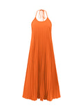 woloong Tied Solid Color Pleated Backless Sleeveless Loose Spaghetti-Neck Maxi Dresses
