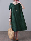 woloong Original Solid Jacquard Short Sleeve Midi Dress