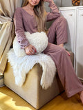 woloong V-Neck Long Sleeves Loose Solid Color Shirt Top + Pants Bottom Pajama Sets