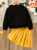 2pcs/set Adorable Girls Pattern Sweatshirt Top + Pleated Skirt Outfit - Comfortable Long Sleeve, Fashionable Design, Cute Cartoon Print, Perfect for Spring and Fall Seasons, Ideal for Casual Daily Wear