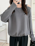 woloong Solid Color Hollow Loose Long Sleeves Round-Neck T-Shirts Tops