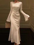 woloong Autumn Elegant Solid Midi Dress Women Flare Sleeve Slim Mermaid Spring New French Vintage Wedding Party Vestidos Robe Mujers