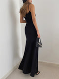 woloong - Solid Flowy Strap Long Dress