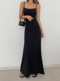 woloong - Solid Flowy Strap Long Dress