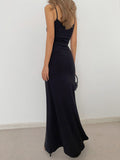 woloong - Solid Flowy Strap Long Dress