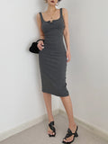 woloong - Square Neck Bodycon Slit Midi Dress