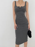 woloong - Square Neck Bodycon Slit Midi Dress