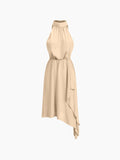 woloong - Oblique Hem Tied Halter Short Dress