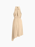 woloong - Oblique Hem Tied Halter Short Dress