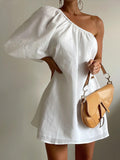 woloong - Aegean Cotton Linen One Sleeve Short Dress