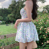 woloong Sexy Strap Floral Dress Women Designer Korean Elegant Sweet Mini Dress Sleeveless Chiffon Slim Fairy Party Dress Summer New