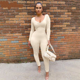 woloong  Solid Long Sleeve V Neck Bodycon Draped Sexy Jumpsuit Summer Autumn Women Fashion Streetwear Party Club Outfits