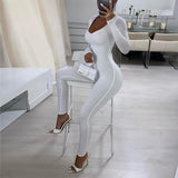 woloong  Solid Long Sleeve V Neck Bodycon Draped Sexy Jumpsuit Summer Autumn Women Fashion Streetwear Party Club Outfits