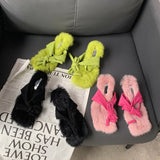 New Brand Chic Fluorescent green Plush Fur Fuzzy Sandals Women Low Thin Heels Fashion Clip Toe Ankle Lace Up Slides Shoes