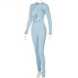 woloong Solid Hollow Out Revealing Long Sleeves Slim Bodycon Jumpsuit Summer Women Fashion Sexy Sport Party Club Robe Y2K