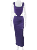 Purple Corset Satin Square Neck Crop Top And Draped Midi Dress Sets Slim Long Skirt Suits Two Piece Sets Womens Outfits