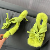 New Brand Chic Fluorescent green Plush Fur Fuzzy Sandals Women Low Thin Heels Fashion Clip Toe Ankle Lace Up Slides Shoes