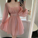 woloong  Pink Sweet Elegant Princess Dress Women Casual Korean Slim Long Sleeve Fairy Dress Female Backless Design Vintage Dress New