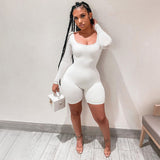 woloong  Long Sleeve Bodycon Stretchy Playsuit Summer Women Fashion Streetwear Outfits Romper White Body