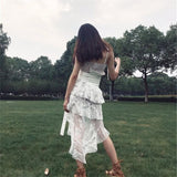 New Women Summer Lace Dress Female Spaghetti Strap Irregular See Through Mini Dress Lady Club White Patchwork Runway Sexy Dress