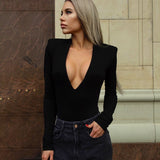 woloong Long Sleeve Solid V-Neck Shoulder  Pads Skinny Bodysuit  Autumn Winter Women Fashion Sexy Streetwear Casual Romper