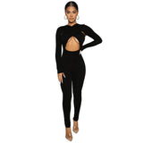 woloong Solid Hollow Out Revealing Long Sleeves Slim Bodycon Jumpsuit Summer Women Fashion Sexy Sport Party Club Robe Y2K