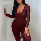 woloong  Solid Long Sleeve V Neck Bodycon Draped Sexy Jumpsuit Summer Autumn Women Fashion Streetwear Party Club Outfits