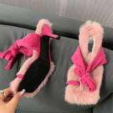 New Brand Chic Fluorescent green Plush Fur Fuzzy Sandals Women Low Thin Heels Fashion Clip Toe Ankle Lace Up Slides Shoes