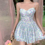 woloong Sexy Strap Floral Dress Women Designer Korean Elegant Sweet Mini Dress Sleeveless Chiffon Slim Fairy Party Dress Summer New