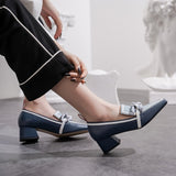 woloong Summer Women Chunky Pumps Thick High Heel Slip-On Waterproof Loafers Shoes Casual Vintage Square Toe Ladies Suit Shoes