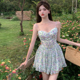 woloong Sexy Strap Floral Dress Women Designer Korean Elegant Sweet Mini Dress Sleeveless Chiffon Slim Fairy Party Dress Summer New