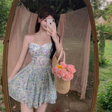 woloong Sexy Strap Floral Dress Women Designer Korean Elegant Sweet Mini Dress Sleeveless Chiffon Slim Fairy Party Dress Summer New