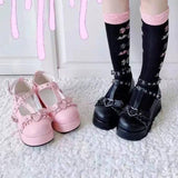 New Sweet Heart Buckle Wedges Mary Janes Women Pink T-Strap Chunky Platform Lolita Shoes Woman Punk Gothic Cosplay Shoes 43