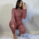 woloong Long Sleeve O-Neck Skinny Stretchy Solid Print Jumpsuit Summer Women Fashion Streetwear Romper