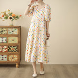 Polka dot cotton and linen dress for women  summer new Korean version fashion bubble sleeves dopamine wear long dress for women