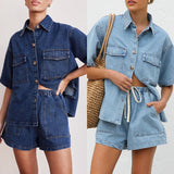2025 New retro casual loose pocket short-sleeved shirt shorts denim two-piece set