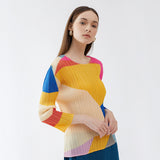 Miyake new color matching bottoming shirt for women's spring and autumn design Korean version round neck slim-fitting long-sleeved t-shirt top for women