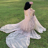 2025 Sanya Thailand island vacation dress cherry blossom powder atmosphere fairy irregular elegant neck seaside dress