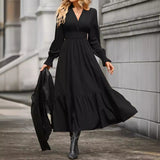 Popular trade 2025 women's clothing  popular spring and autumn fashion solid color lantern long-sleeved V-neck pendulum dress