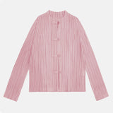 New Chinese style light national style spring new women's round neck fashion solid color shirt with long sleeve pleated top