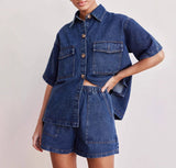 2025 New retro casual loose pocket short-sleeved shirt shorts denim two-piece set