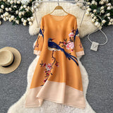 Fashion printed pleated dress  spring and summer new Popular style niche design sense loose large size skirt