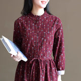 popular autumn new Mori-style printed stand-up collar loose base long-sleeved medium and long waist cotton and linen dress, women