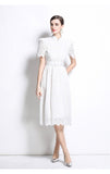 summer new  retro niche stand-up collar ruffle edge splicing waist hollow embroidery short-sleeved dress