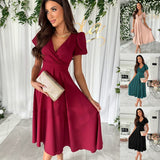 Popular trade 2025 women's clothing popular summer solid color sexy V-neck pleated waist bubble sleeve big pendulum dress