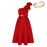 WOLOONG D513  Large Size Women's Summer New Fashion Slant Shoulder Bow Banquet Dress Big Swing African Dress