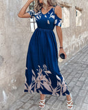 New Popular trade 2025 women's clothing popular summer fashion off-the-shoulder printing waist long dress pleated dress