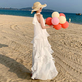 2025 White Elegant Fairy Neck Lotus Leaf Edge Holiday Dress Summer Fairy Seaside Beach Dress Cake Dress